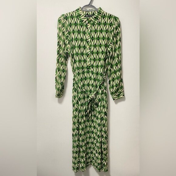 Zara Geometric Print Belted Midi Dress Green/Black/White Size M — 100% Viscose - Picture 3 of 9
